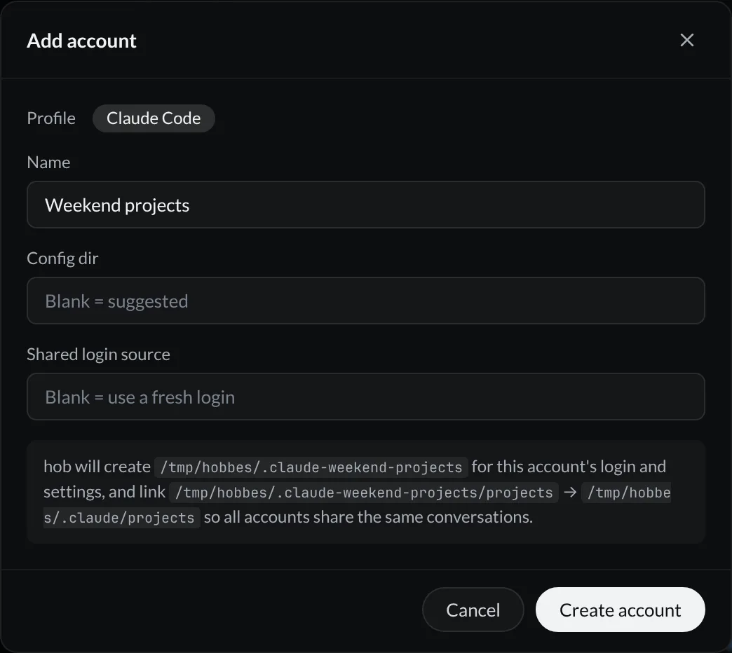 Add account dialog for Claude Code with a name, config directory, shared login source, and preview of the shared conversation directory