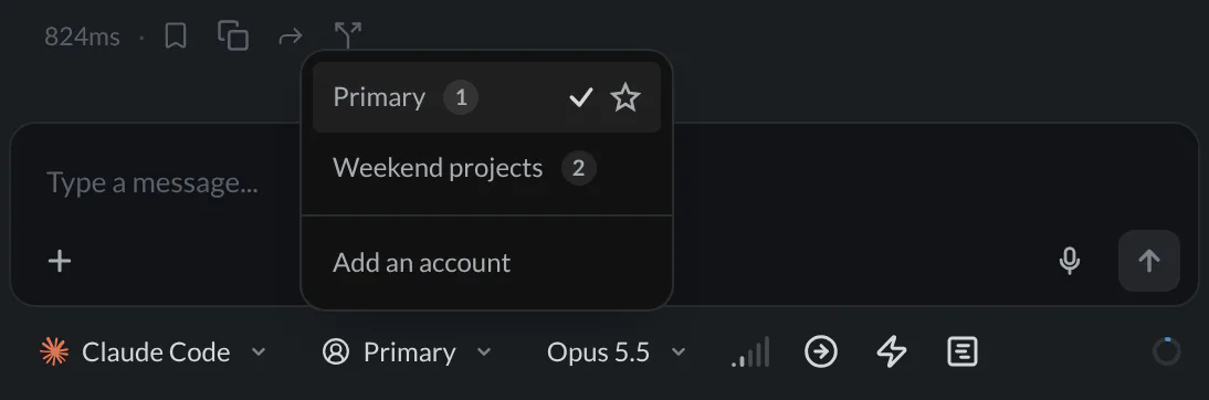 Claude Code's account menu with Primary selected and Weekend projects available, above the pane's backend, account, and model chips
