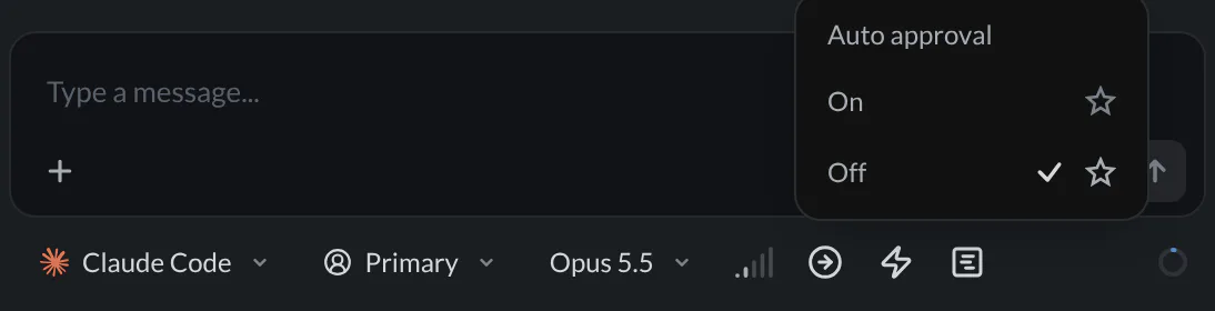 Agent composer with the Auto approval menu open, Off checked for this pane, a default star beside each choice, and the Fast mode and Plan controls