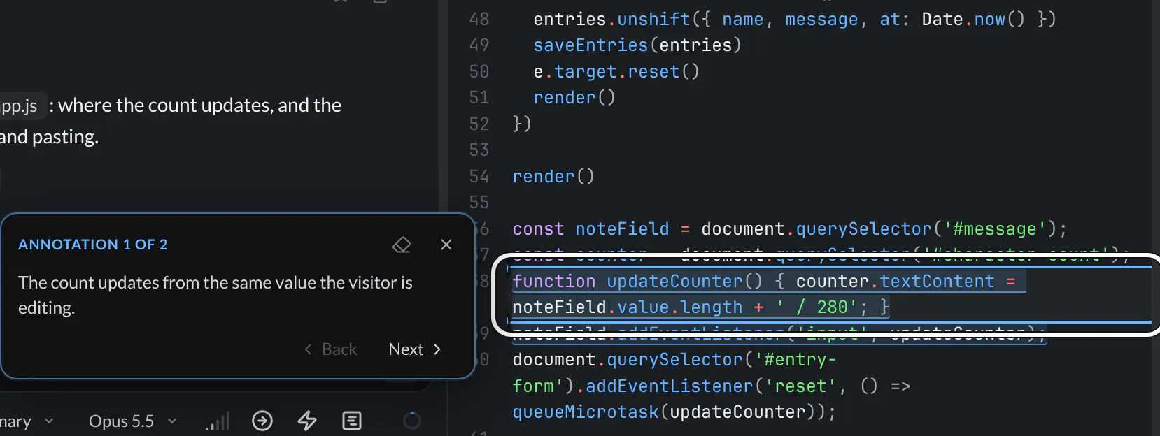 The counter code in app.js with an agent annotation marker on updateCounter and an Annotation 1 of 2 card with Back and Next