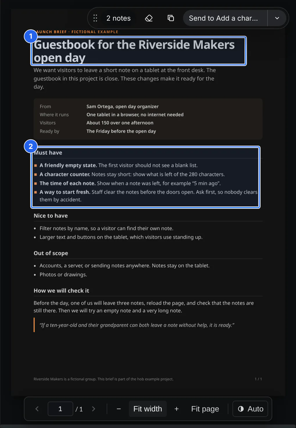 The launch brief PDF with two numbered markup regions, and the markup toolbar with 2 notes and Send to the counter agent