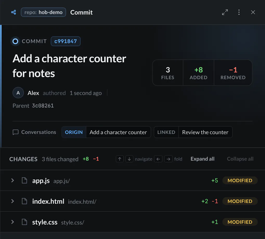 Guestbook counter commit with its message, three modified files, and Conversations entries for the originating implementer and linked reviewer