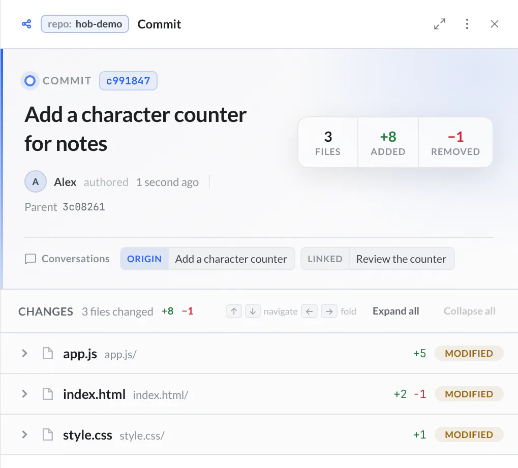 Guestbook counter commit with its message, three modified files, and Conversations entries for the originating implementer and linked reviewer