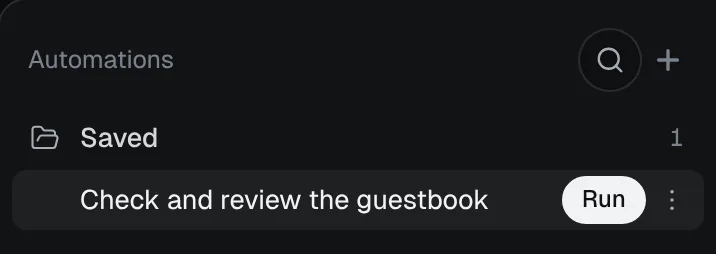 The Automations quick-launch panel with Check and review the guestbook and its Run control