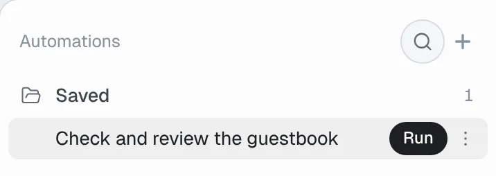The Automations quick-launch panel with Check and review the guestbook and its Run control