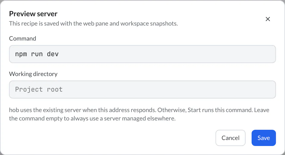 Configure preview server dialog with npm run dev, the working directory left to the project root, and guidance about using an existing server