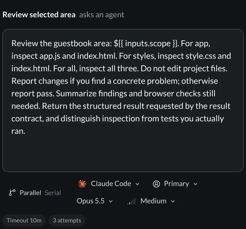An agent step in the automation Configuration tab with editable instructions, backend and model controls, parallel grouping, timeout, and retry metadata