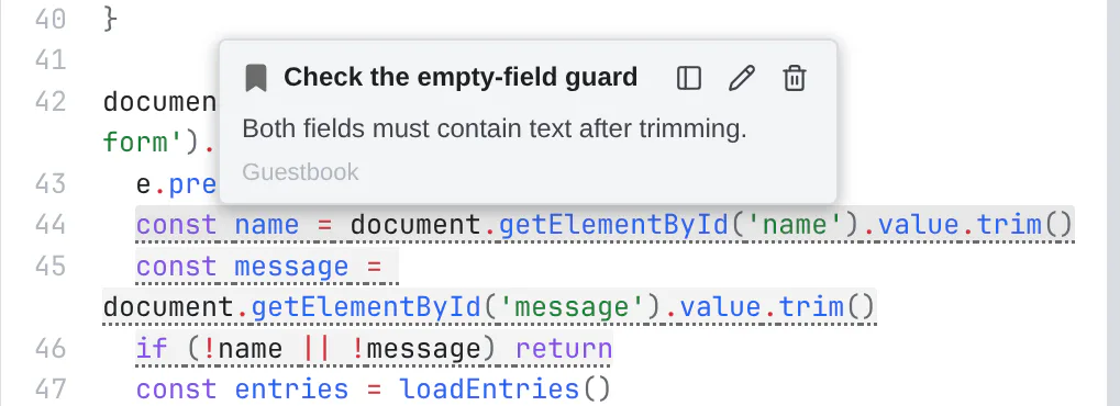 Three bookmarked lines in app.js trim the name and message and reject empty fields, with dotted underlines and the Check the empty-field guard hover card