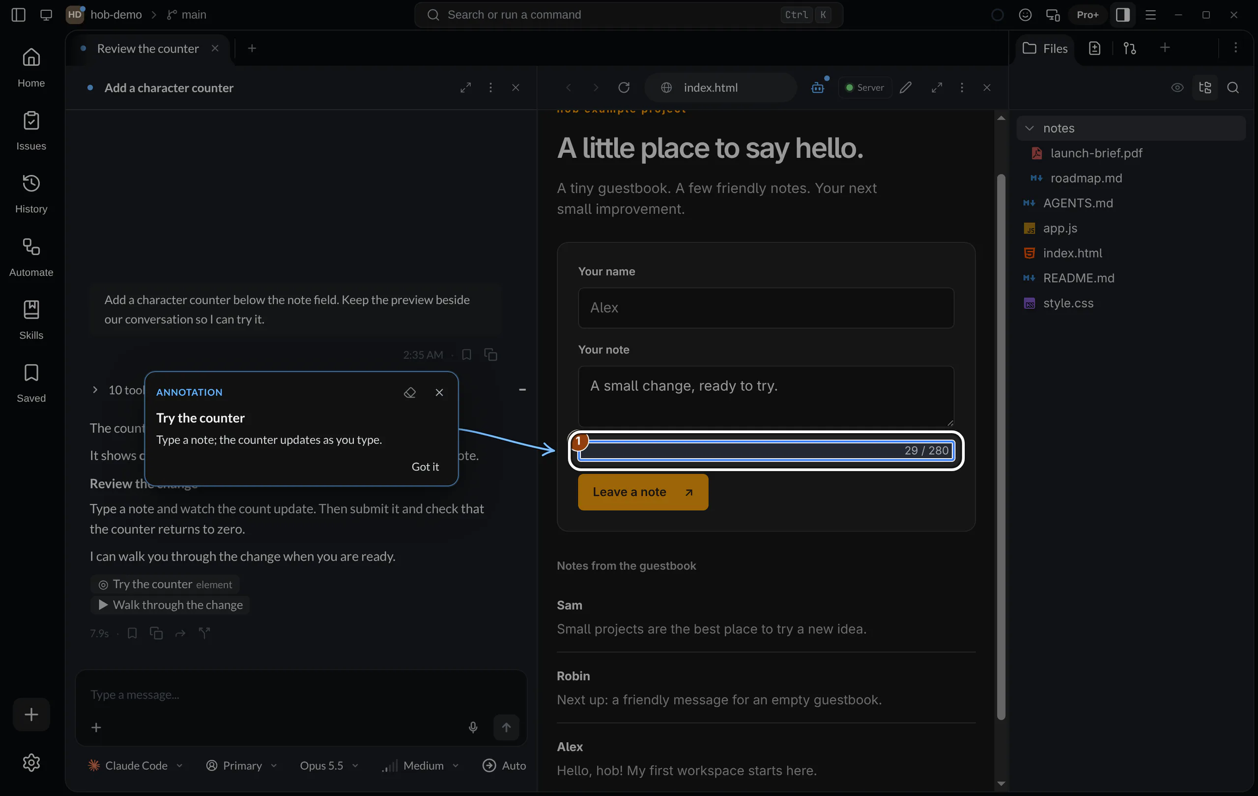 An agent conversation beside the example guestbook in a hob web pane, with attention pointing to the character counter and the Files Dock open