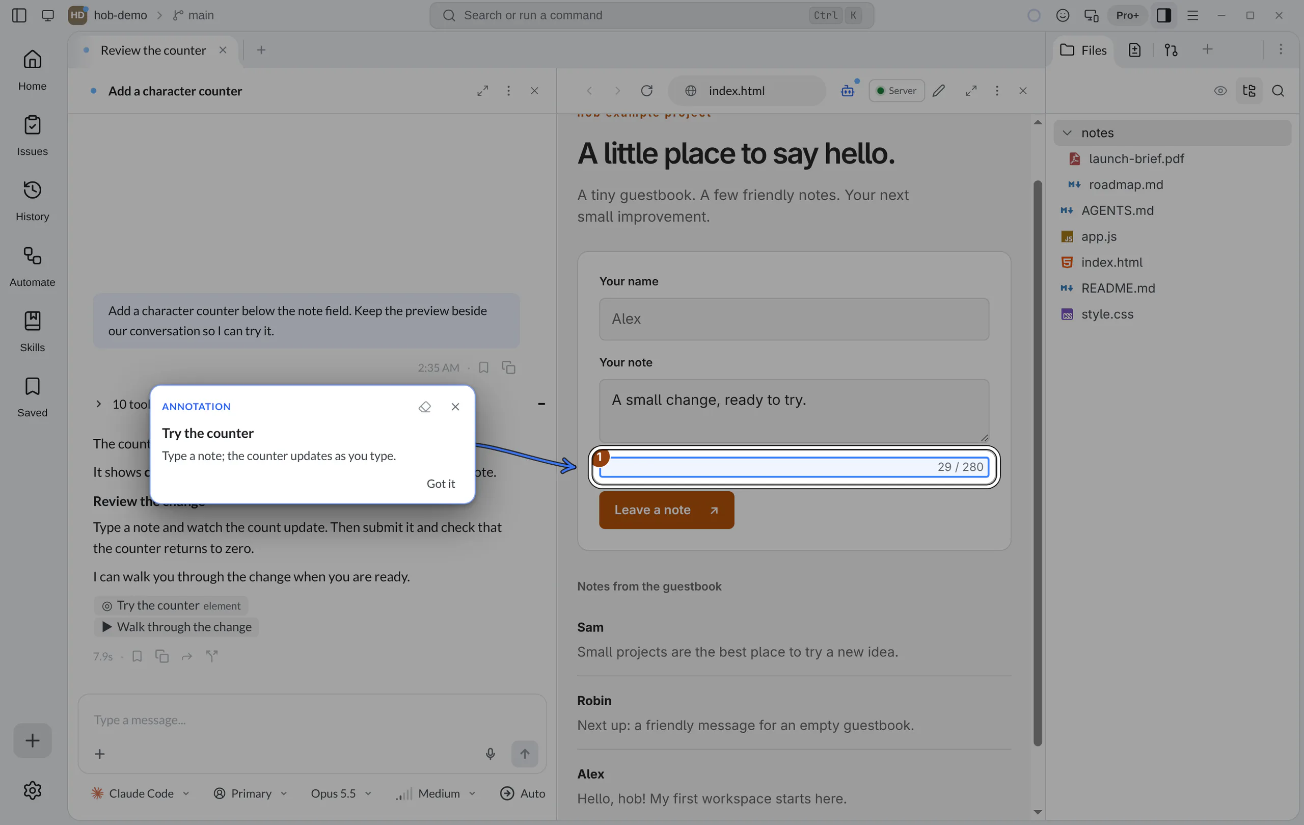 An agent conversation beside the example guestbook in a hob web pane, with attention pointing to the character counter and the Files Dock open