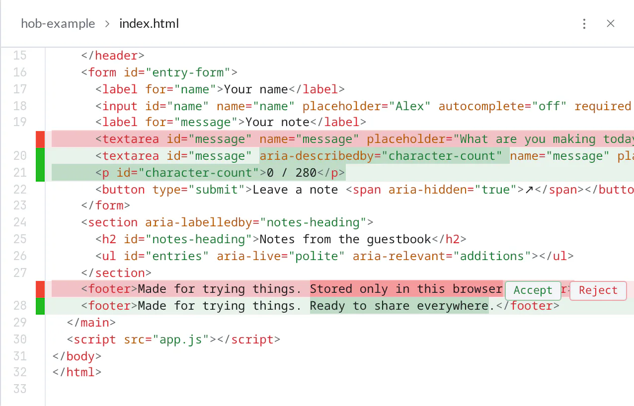 index.html in a unified diff, with the counter markup added and a separate footer replacement; hovering the footer chunk exposes Accept and Reject