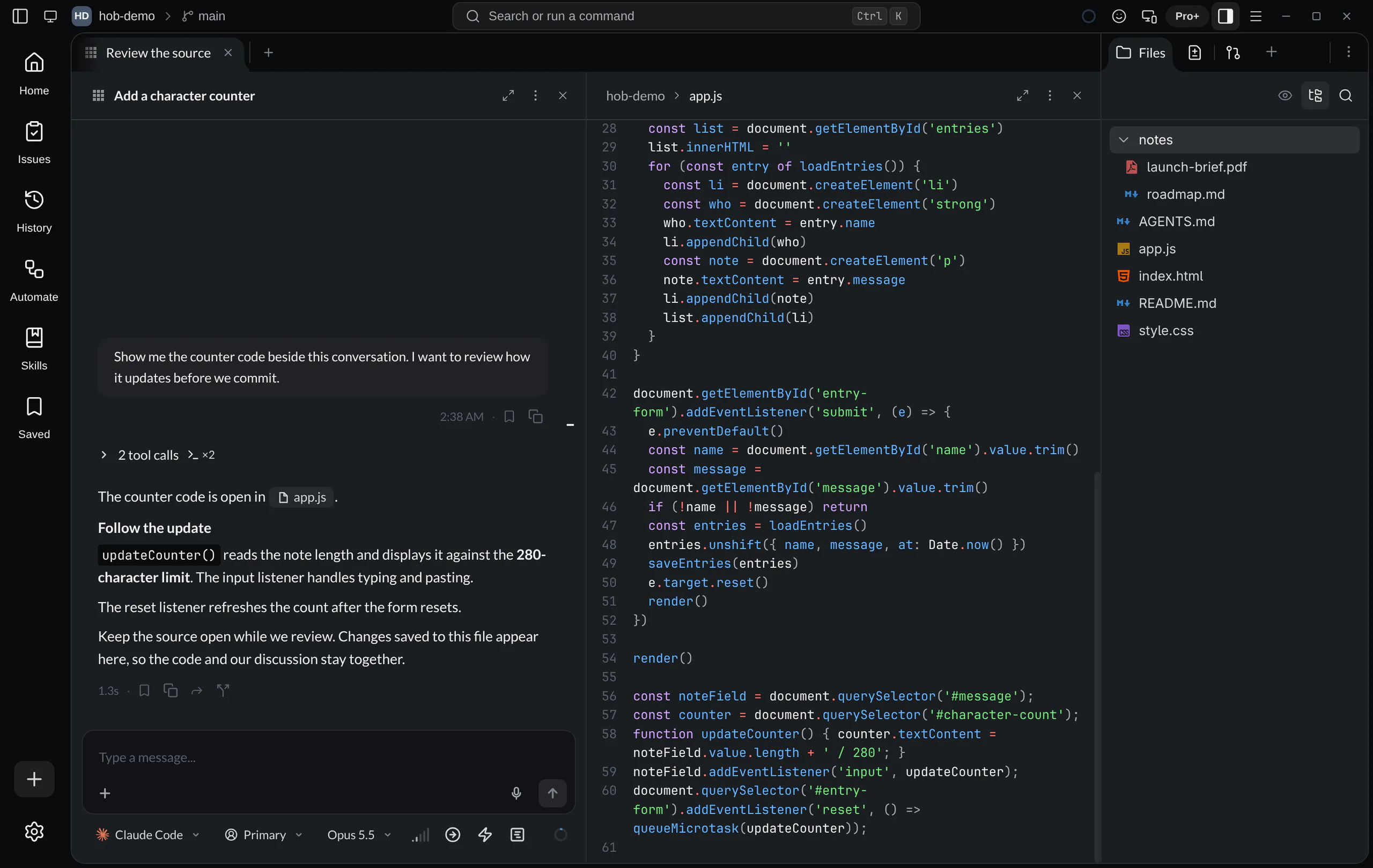 The guestbook agent beside app.js with syntax highlighting and the counter function visible; the right Files Dock shows the project tree with notes expanded
