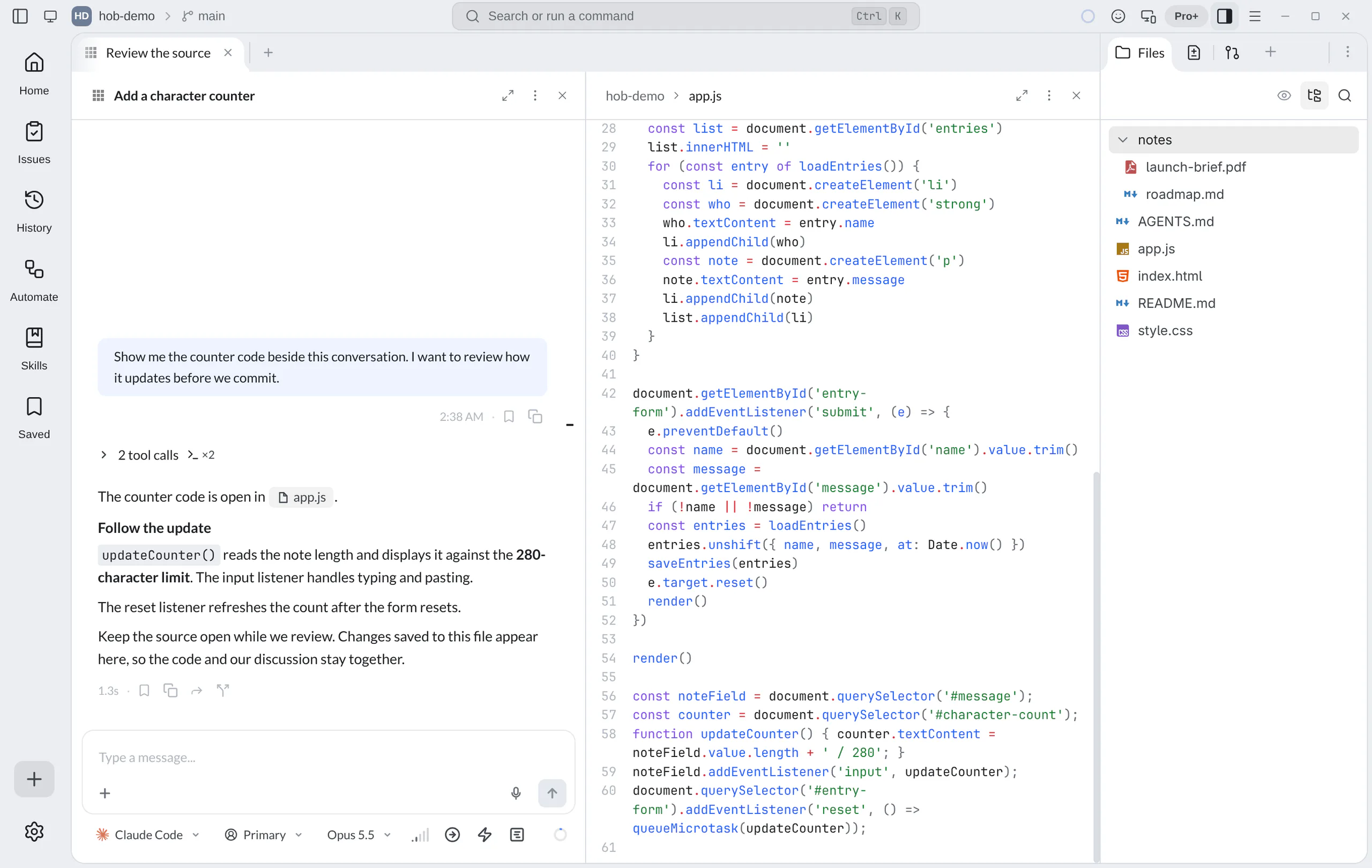 The guestbook agent beside app.js with syntax highlighting and the counter function visible; the right Files Dock shows the project tree with notes expanded