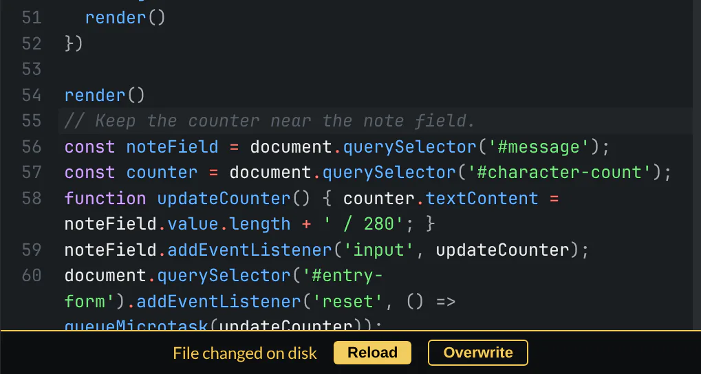 The counter source with a locally typed comment and a File changed on disk bar offering Reload and Overwrite