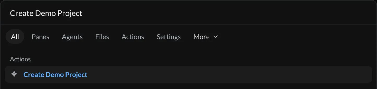 The hob command palette with Create Demo Project selected after searching for the command