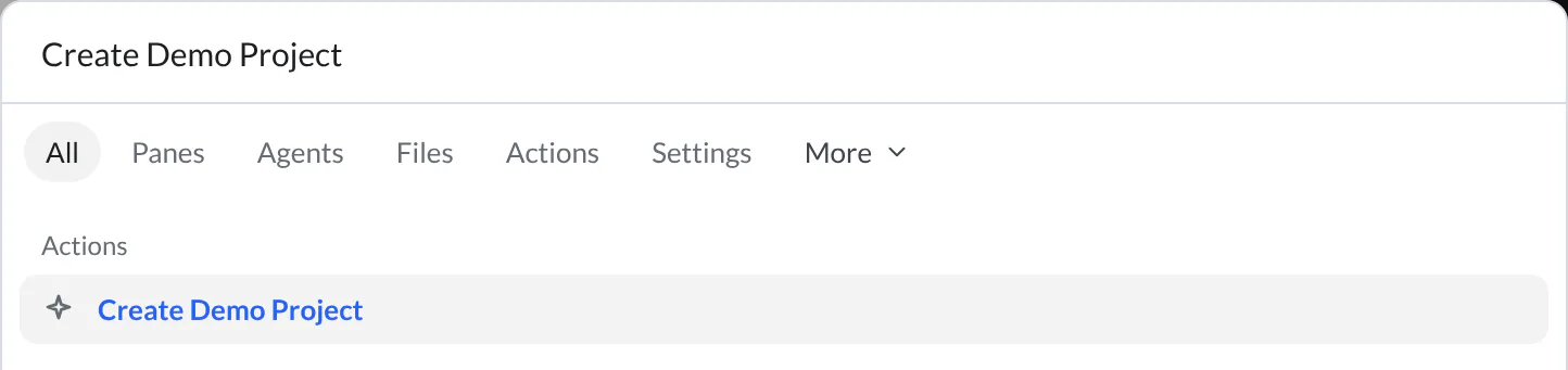 The hob command palette with Create Demo Project selected after searching for the command