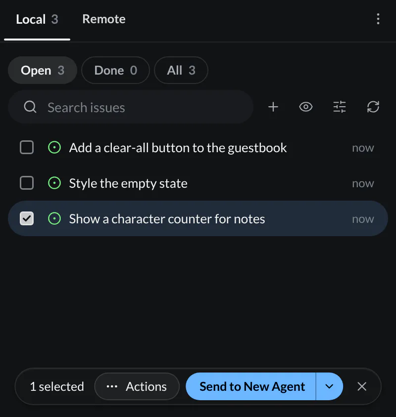 The three local guestbook issues, with Show a character counter for notes selected and Send to New Agent in the selection bar