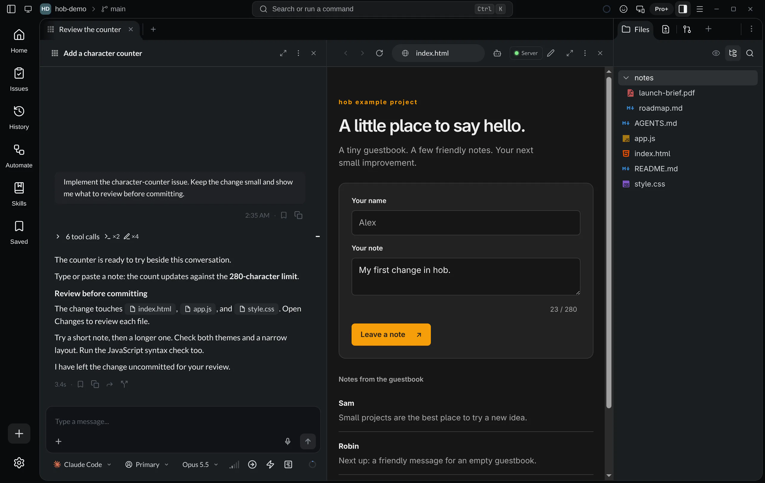 The agent explaining the completed character counter beside the guestbook preview with a typed note and live count, with the Files Dock open