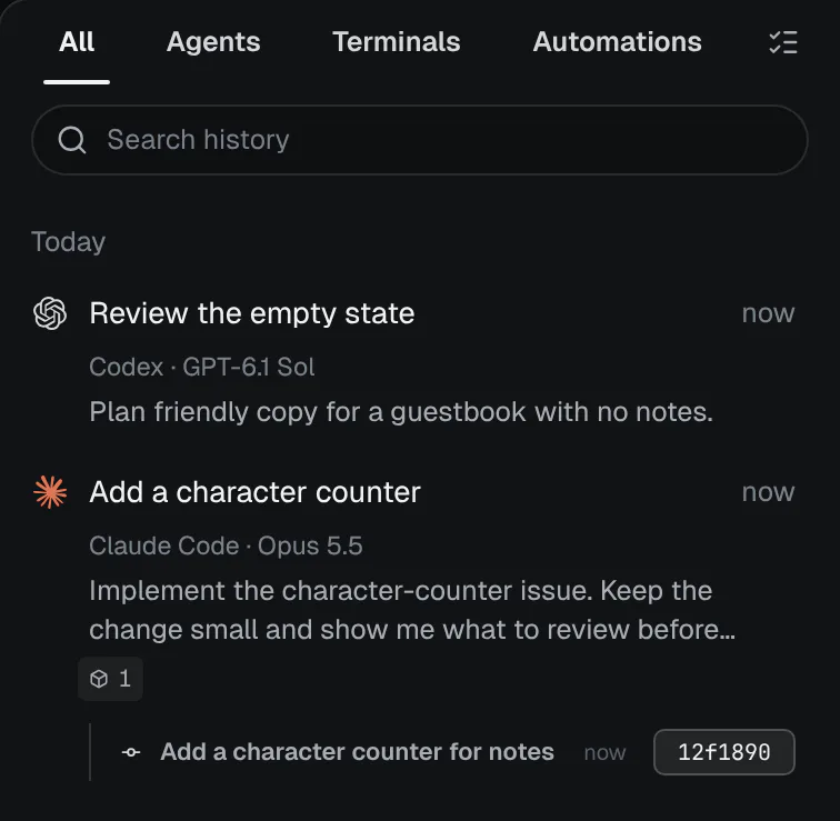History showing a Codex conversation about the empty state and the counter conversation with its linked commit expanded