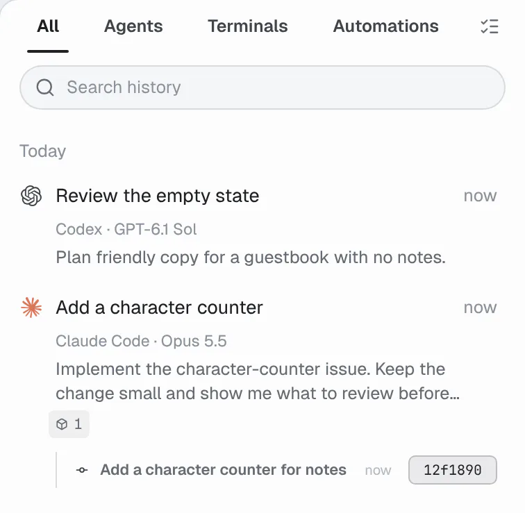 History showing a Codex conversation about the empty state and the counter conversation with its linked commit expanded