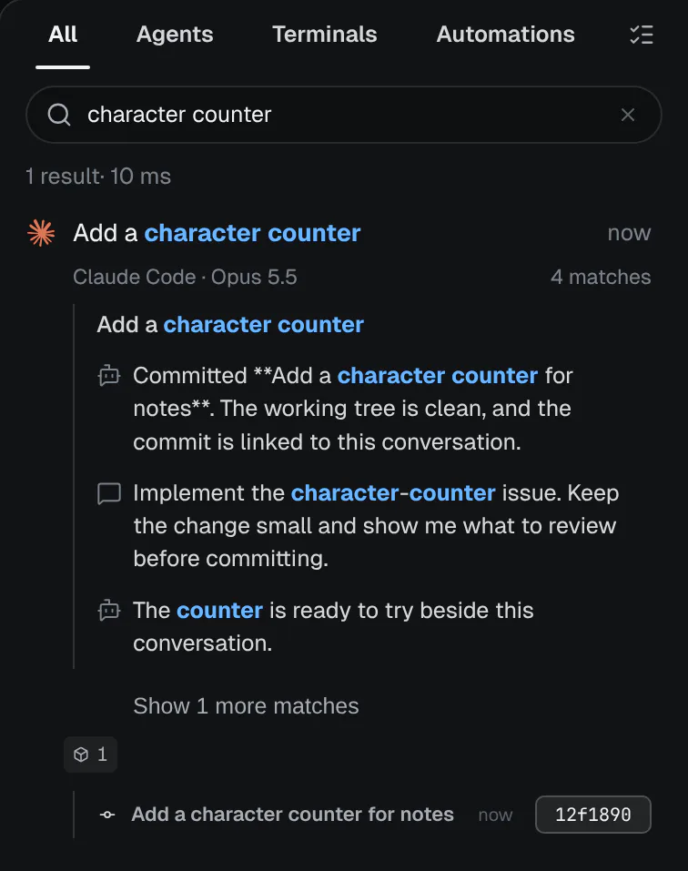 A character counter search with the matching agent reply highlighted beneath its conversation and linked artifacts below