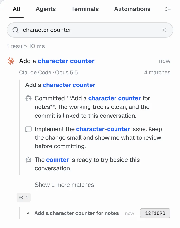 A character counter search with the matching agent reply highlighted beneath its conversation and linked artifacts below