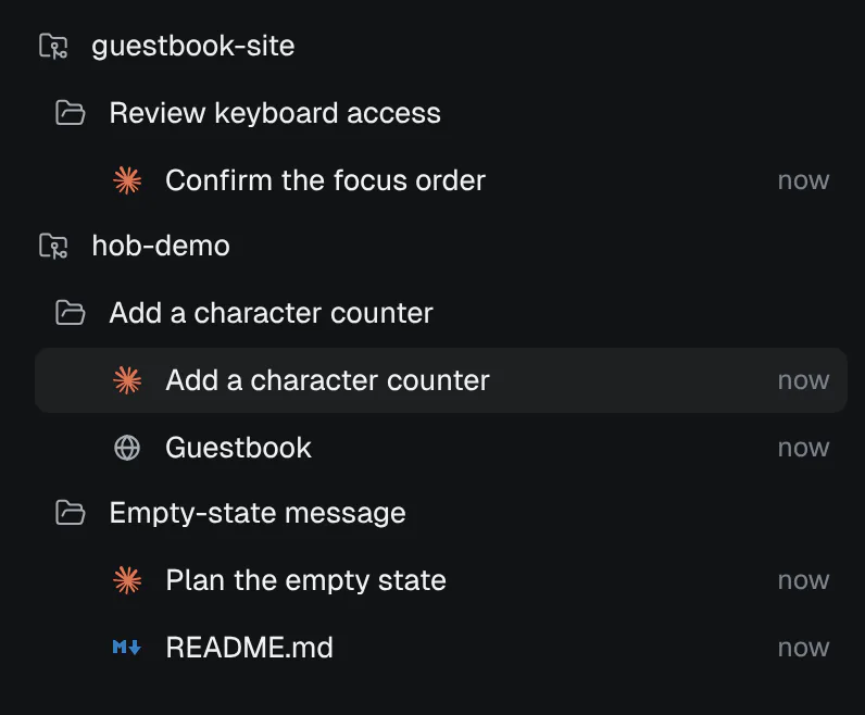 Home lists two open projects, guestbook-site and hob-demo, with their workspaces and pane rows