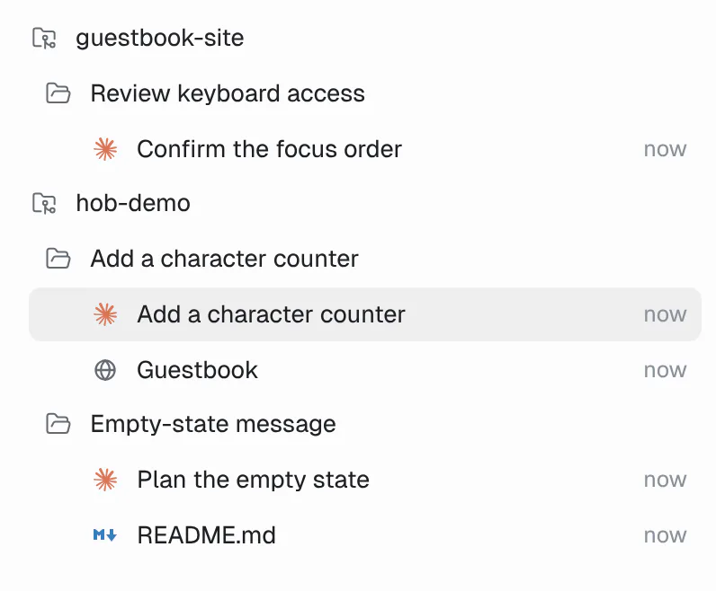 Home lists two open projects, guestbook-site and hob-demo, with their workspaces and pane rows