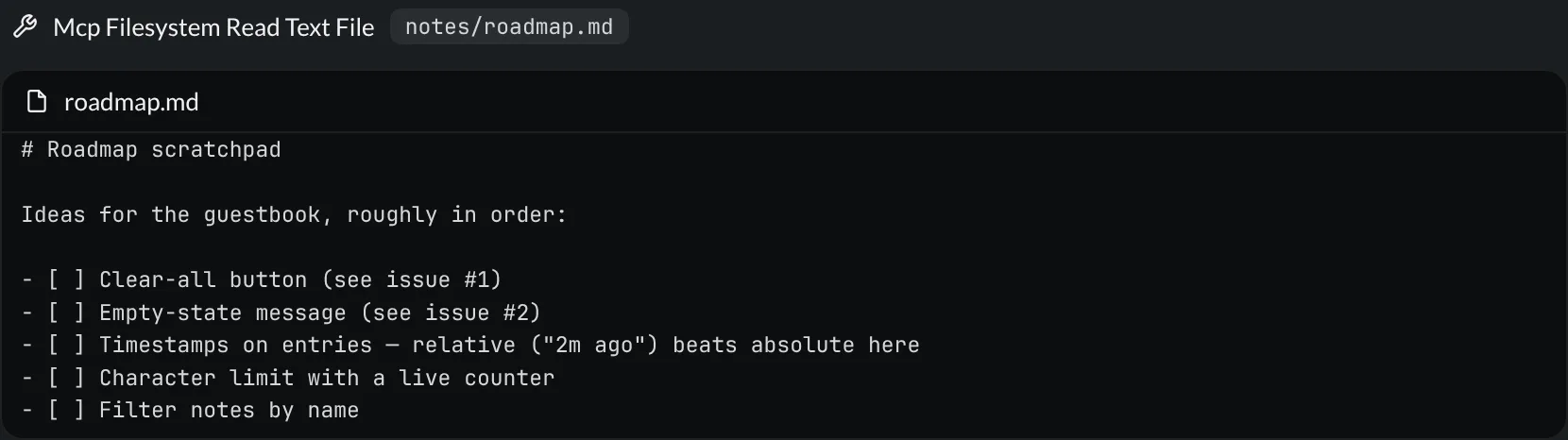 An expanded MCP filesystem read-text-file tool call showing the guestbook roadmap path and the first ten lines returned from the file