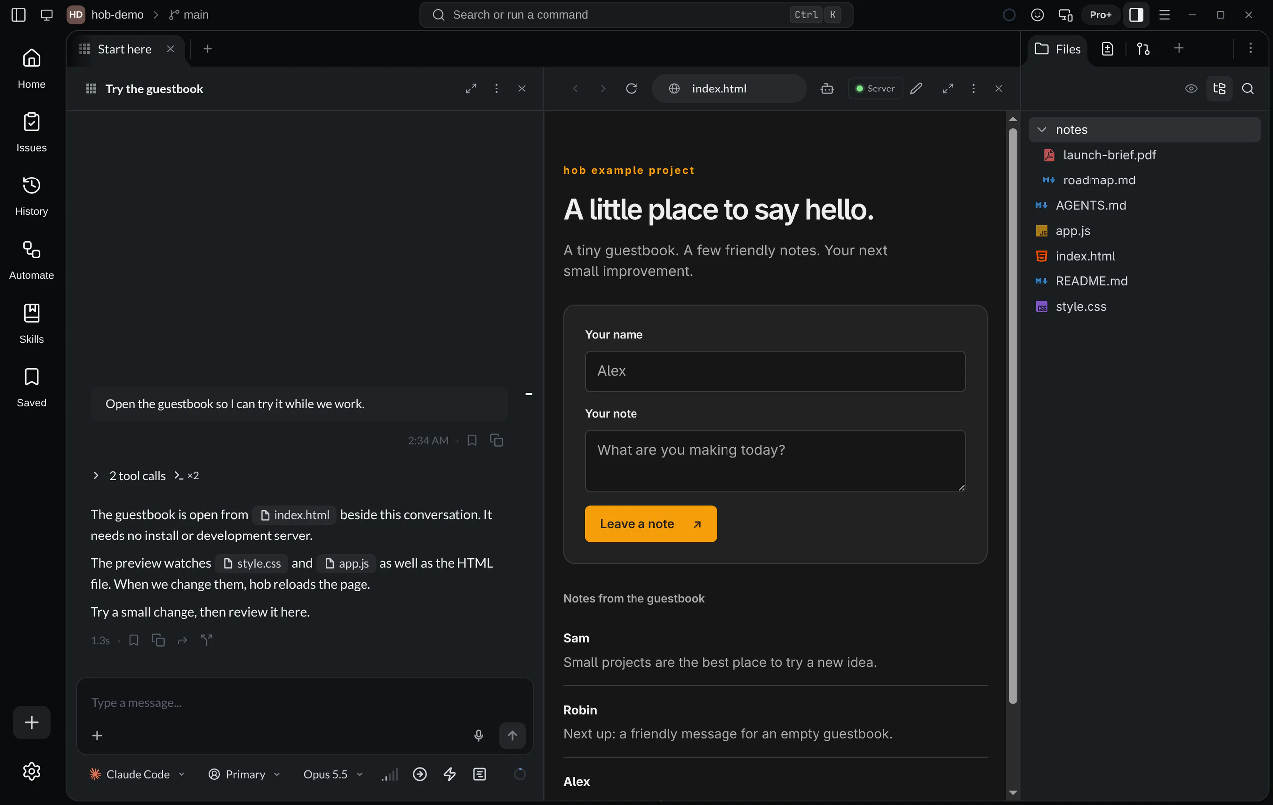 The hob example project with an agent conversation beside the working guestbook preview, with the Files Dock open and notes expanded