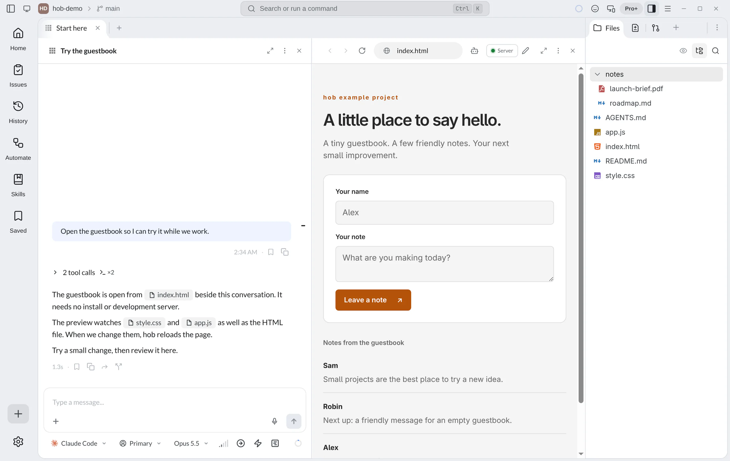 The hob example project with an agent conversation beside the working guestbook preview, with the Files Dock open and notes expanded