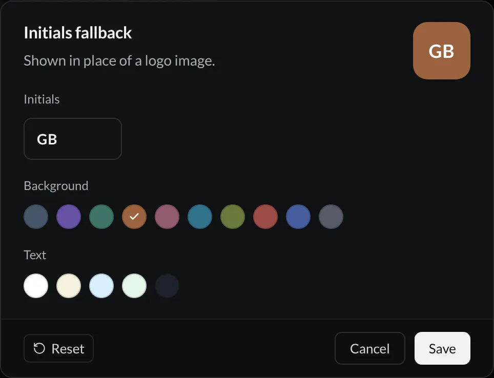 Initials fallback editor for the guestbook with GB entered, a brown background selected, white text, and a live avatar preview.