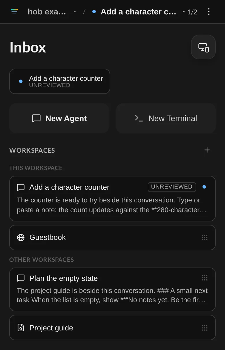 The hob mobile Inbox at phone width, with the guestbook counter marked Unreviewed, its preview, and the empty-state task in another workspace