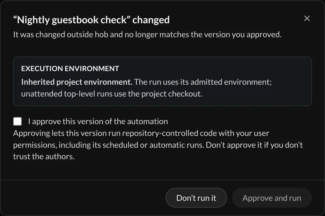 A changed Nightly guestbook check automation awaiting approval, with the checkbox unchecked and Approve and run disabled