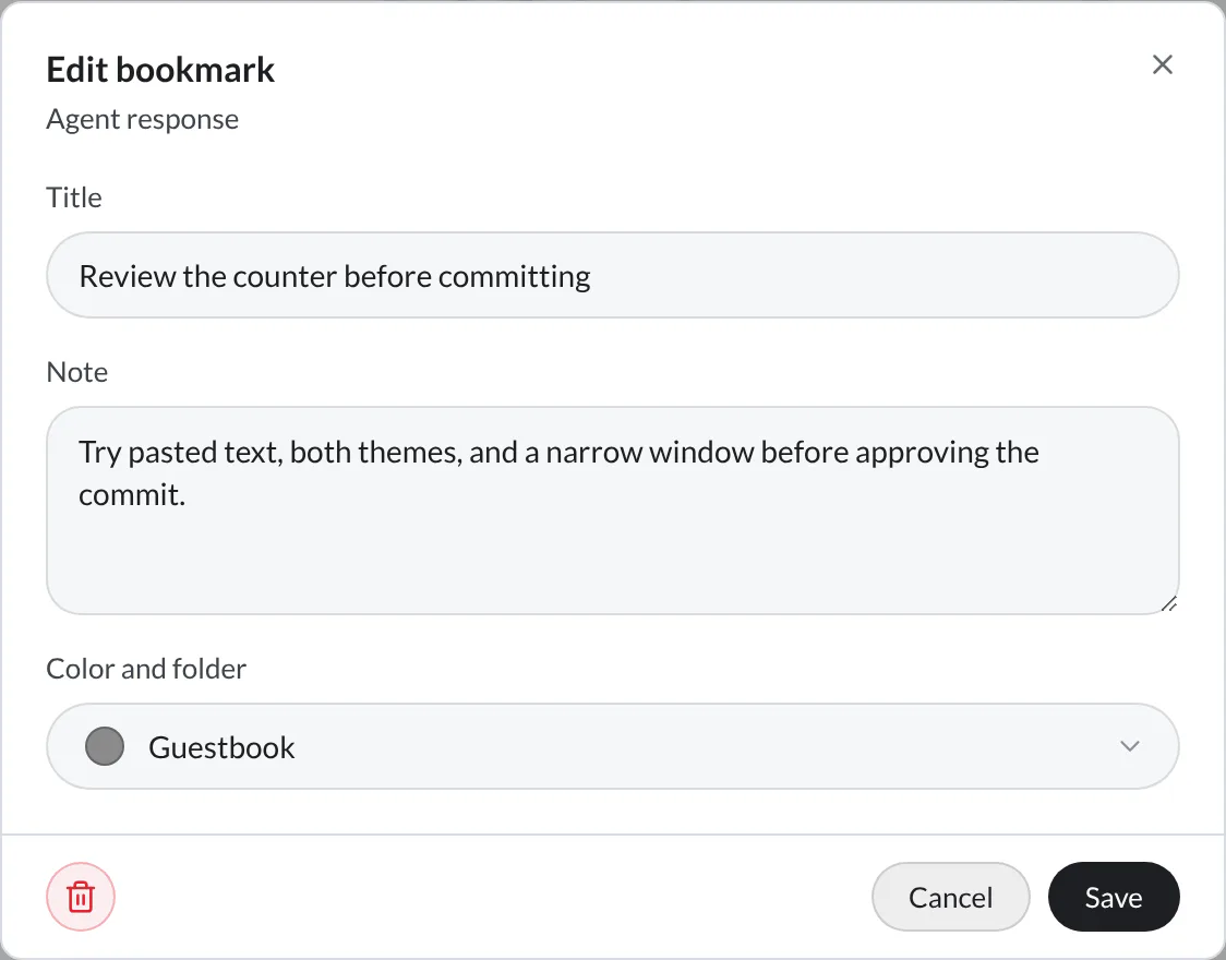 The bookmark editor for an agent response, with a review title, testing note, and Guestbook folder