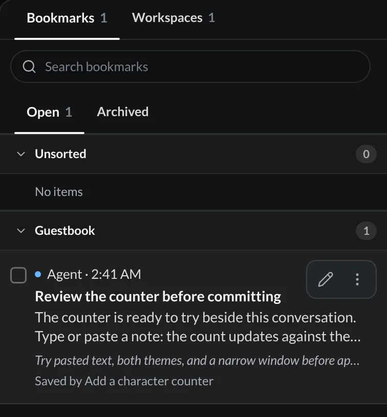 Saved Bookmarks with Open and Archived tabs and the counter review bookmark, with its Edit and More actions controls visible