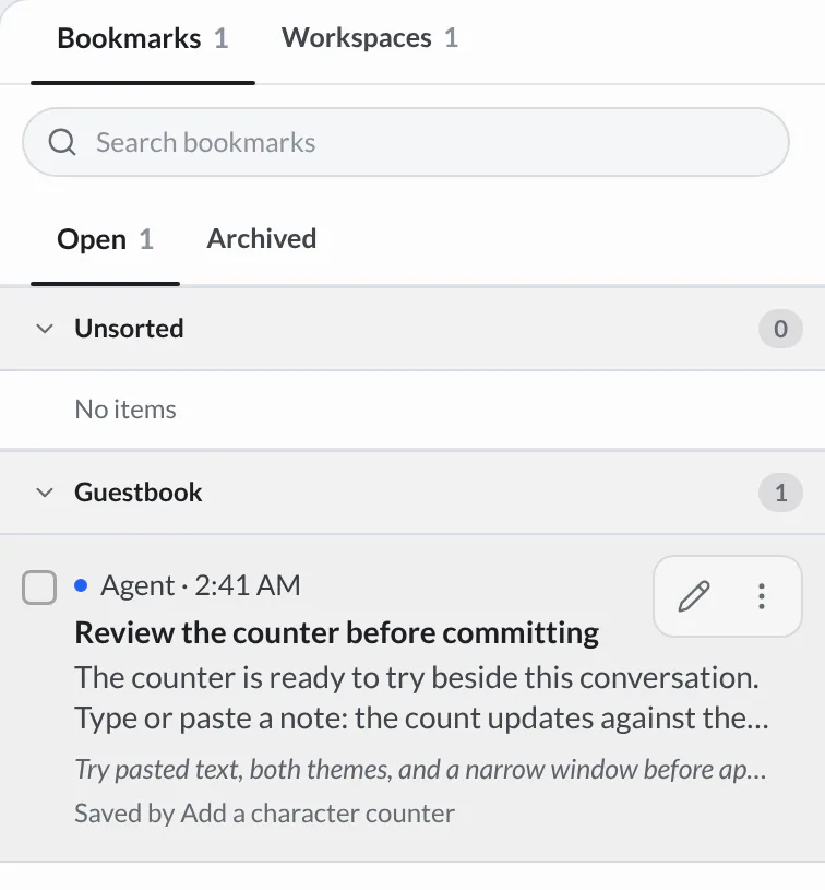 Saved Bookmarks with Open and Archived tabs and the counter review bookmark, with its Edit and More actions controls visible