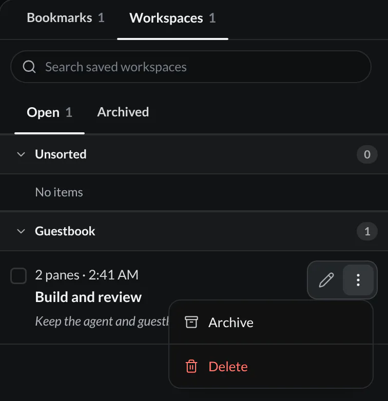 Saved Workspaces showing Build and review with two panes, and its More actions menu with Archive and Delete