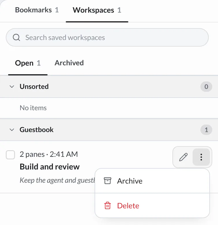 Saved Workspaces showing Build and review with two panes, and its More actions menu with Archive and Delete