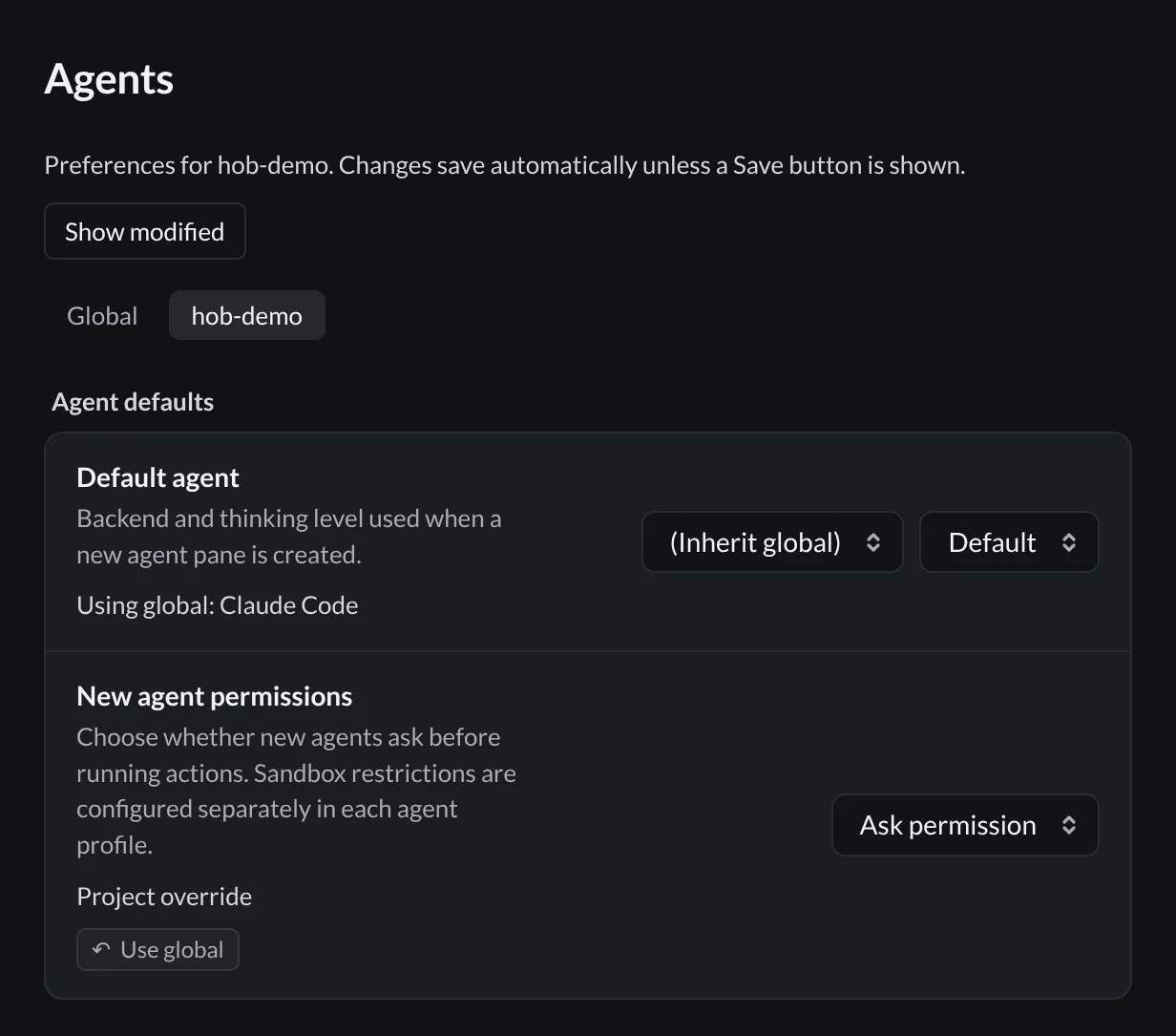 Agents settings for hob-demo, with the default agent inherited globally and New agent permissions explicitly set for this project.