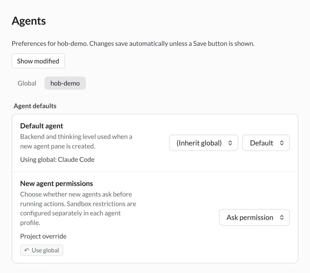 Agents settings for hob-demo, with the default agent inherited globally and New agent permissions explicitly set for this project.