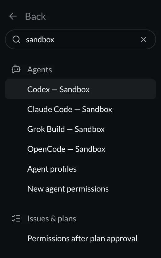 Settings search for sandbox, with profile-level results under Agents and a plan-permission result under Issues and plans.