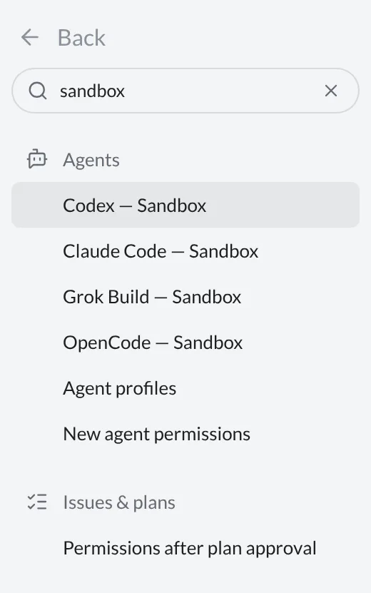 Settings search for sandbox, with profile-level results under Agents and a plan-permission result under Issues and plans.