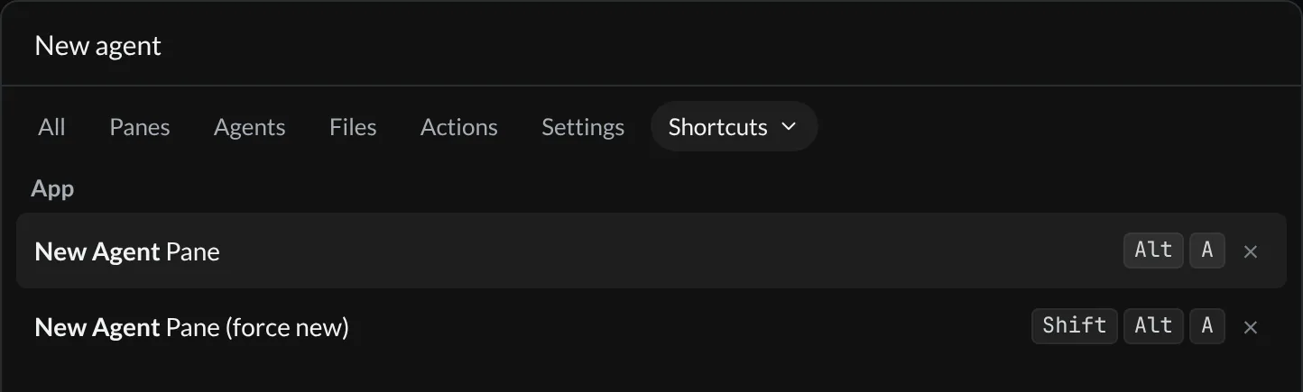 Shortcut editor filtered to New agent, with the normal and force-new bindings and remove controls visible.