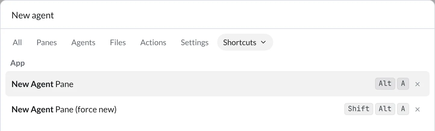 Shortcut editor filtered to New agent, with the normal and force-new bindings and remove controls visible.