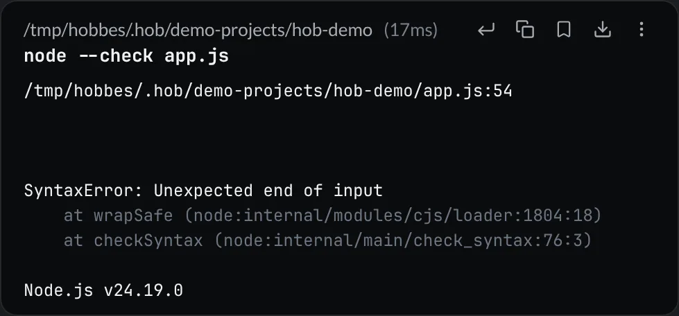A failed JavaScript syntax-check command block with its action row visible above the error output