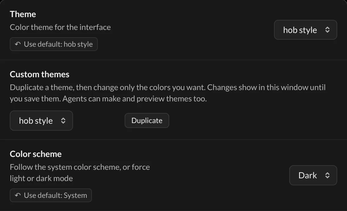 Appearance settings with Theme set to hob style, the Custom themes row, and the Color scheme choice.