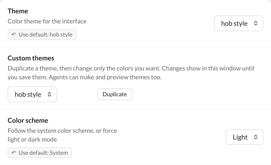 Appearance settings with Theme set to hob style, the Custom themes row, and the Color scheme choice.