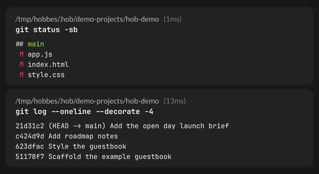 Guestbook terminal blocks for git status and git log, with green and pink Monokai ANSI output.