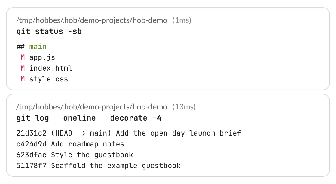 Guestbook terminal blocks for git status and git log, with green and pink Monokai ANSI output.